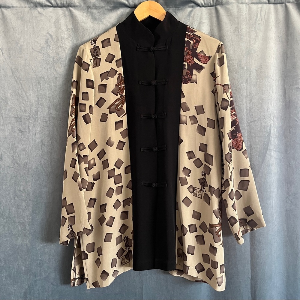 Anne Namba 100% Silk Asian Inspired Print Mandarin Collar Long Sleeve Tunic